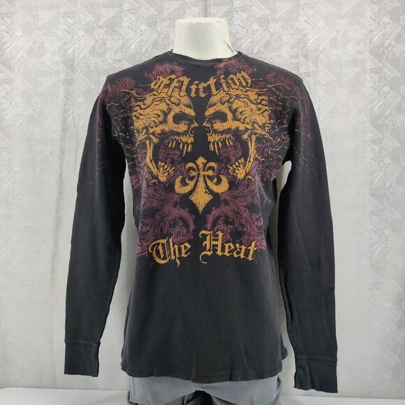 Affliction Shirt Mens XL Black Thermal Waffle Karo Parisyan The Heat Skulls - Picture 1 of 13